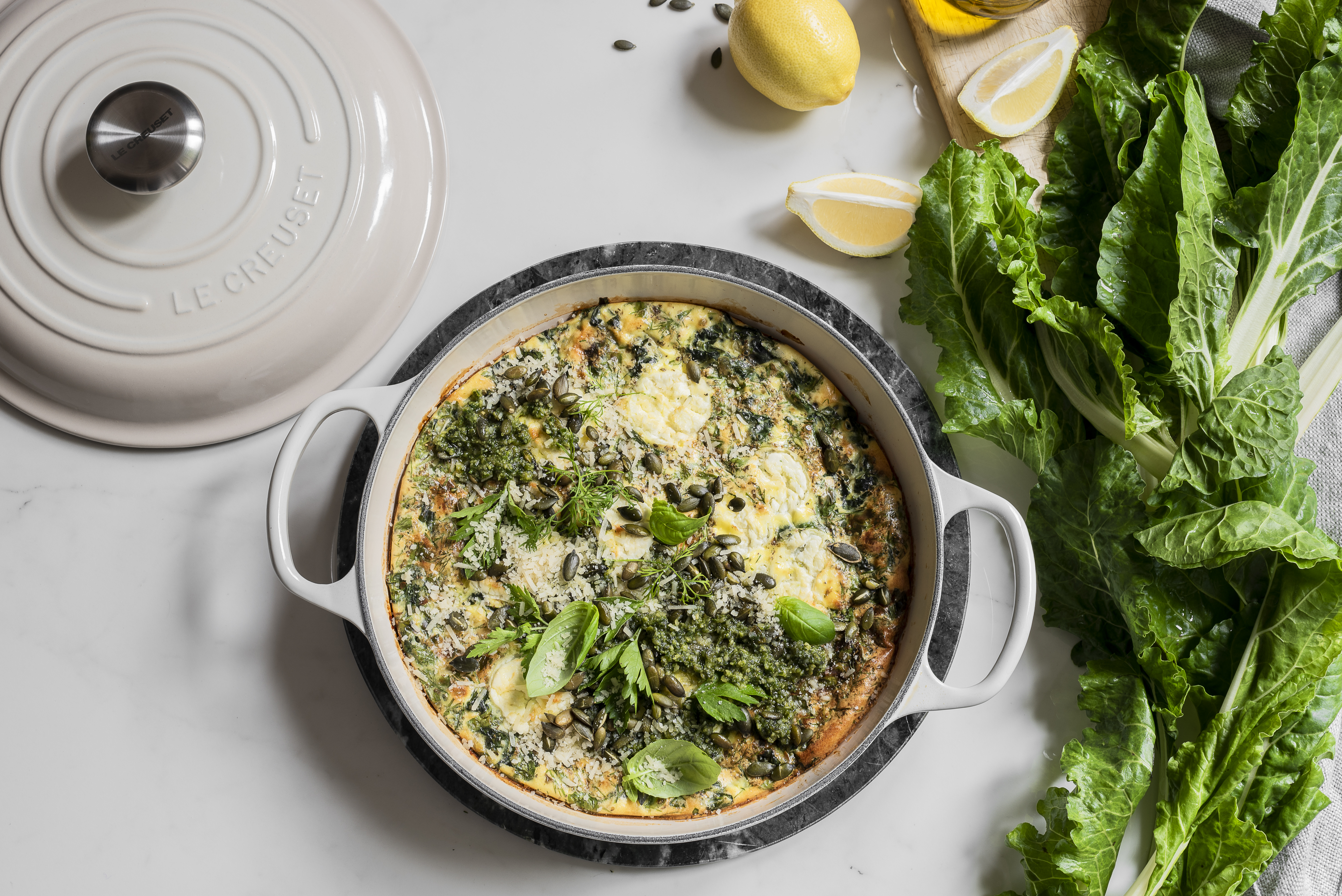 Spinach & Goat’s Cheese Frittata with Pumpkin Seed Pesto